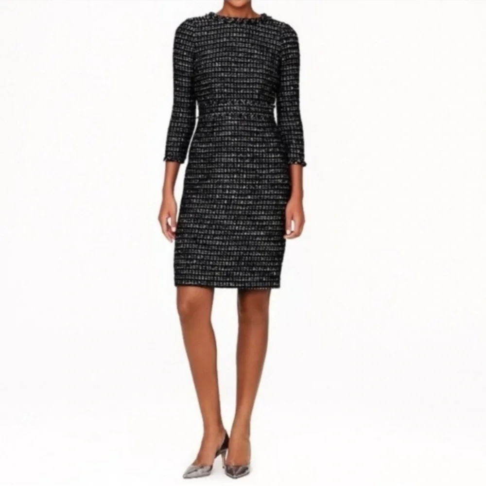 J. Crew Collection Shimmer Tweed fringe trim dress black white 16351